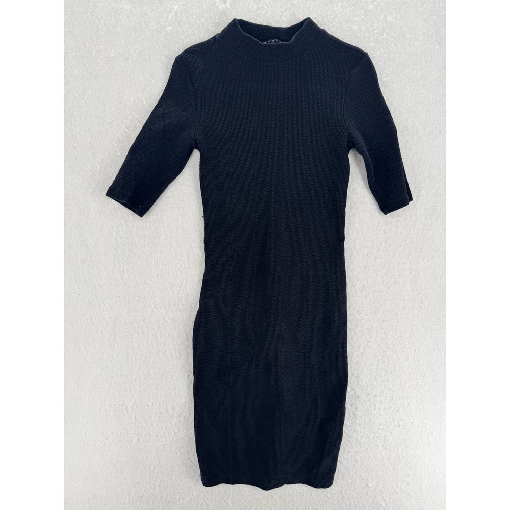 ZARA - Bodycon Dress Waffle Knit Mock Neck - Black - S - Womens